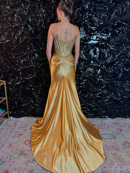 Oren | Mermaid Gold Satin Corset Long Prom Dresses with Slit