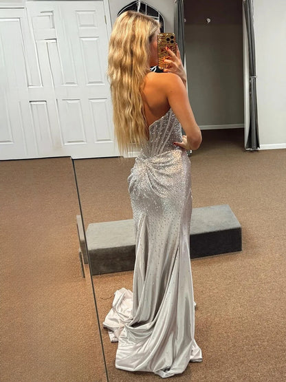 Oren | Mermaid Gold Satin Corset Long Prom Dresses with Slit