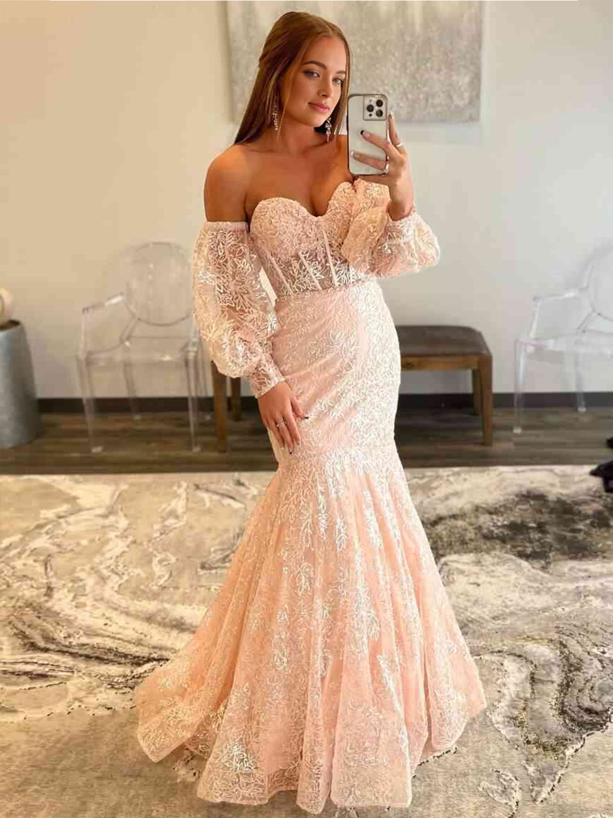 Peach Sweetheart Sheer Lace Corset Mermaid Prom Dress