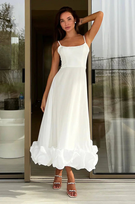 Percival | A Line Satin White Long Prom Dresses with Ruffles