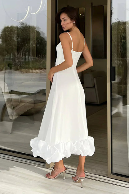 Percival | A Line Satin White Long Prom Dresses with Ruffles