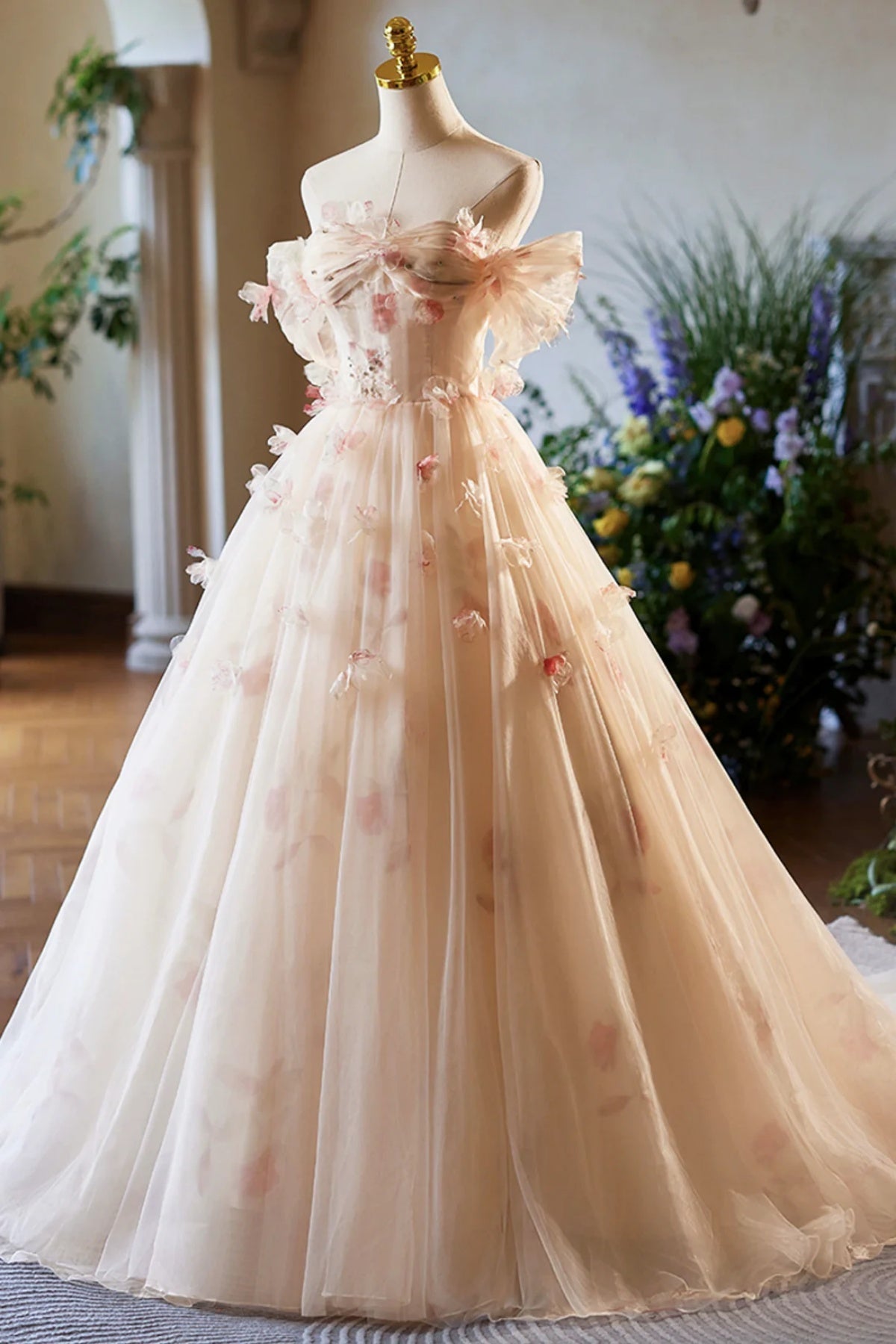 Phebian | Champagne Off the Shoulder Tulle Floral Floor Length Long Prom Dresses