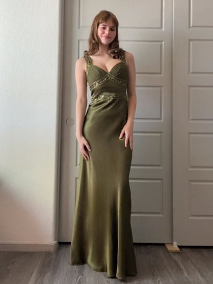 Philomena | Olive Green Sheath Satin Beaded Long Prom Dresses