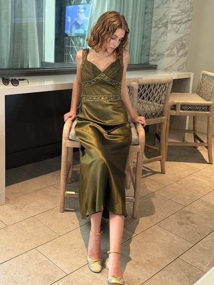 Philomena | Olive Green Sheath Satin Beaded Long Prom Dresses