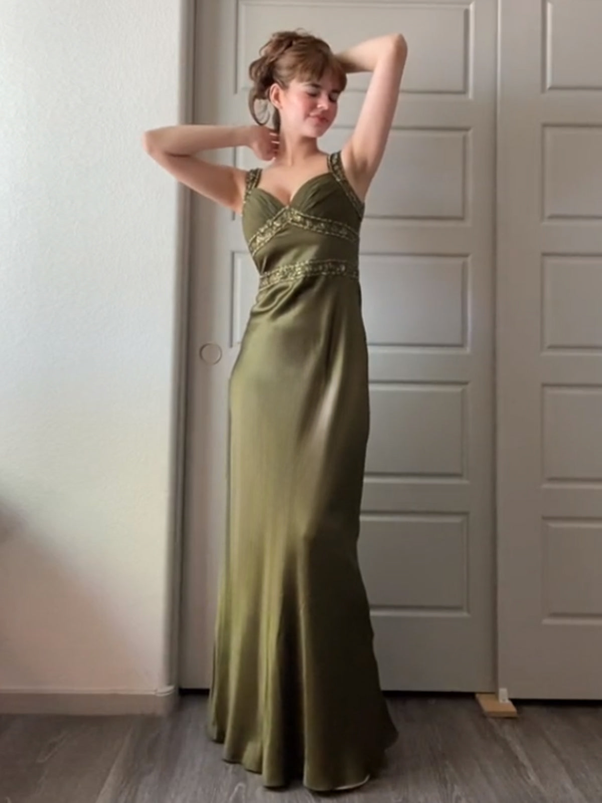 Philomena | Olive Green Sheath Satin Beaded Long Prom Dresses