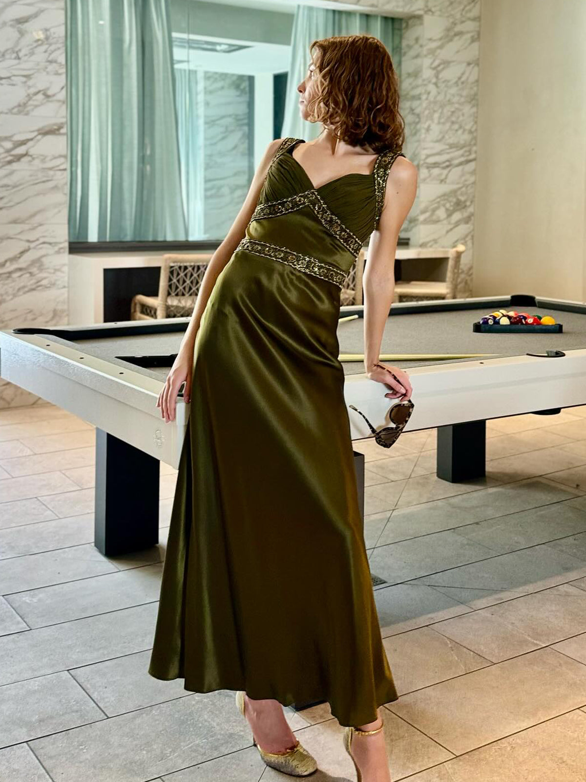 Philomena | Olive Green Sheath Satin Beaded Long Prom Dresses