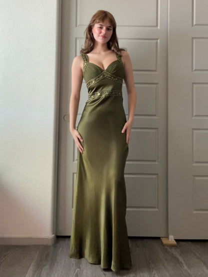 Philomena | Olive Green Sheath Satin Beaded Long Prom Dresses