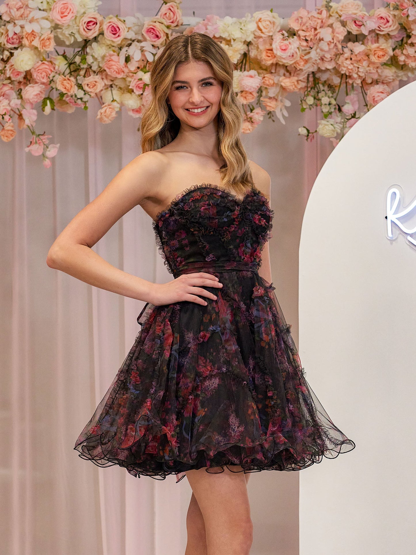 Kayla | A Line Strapless Floral Homecoming Dress