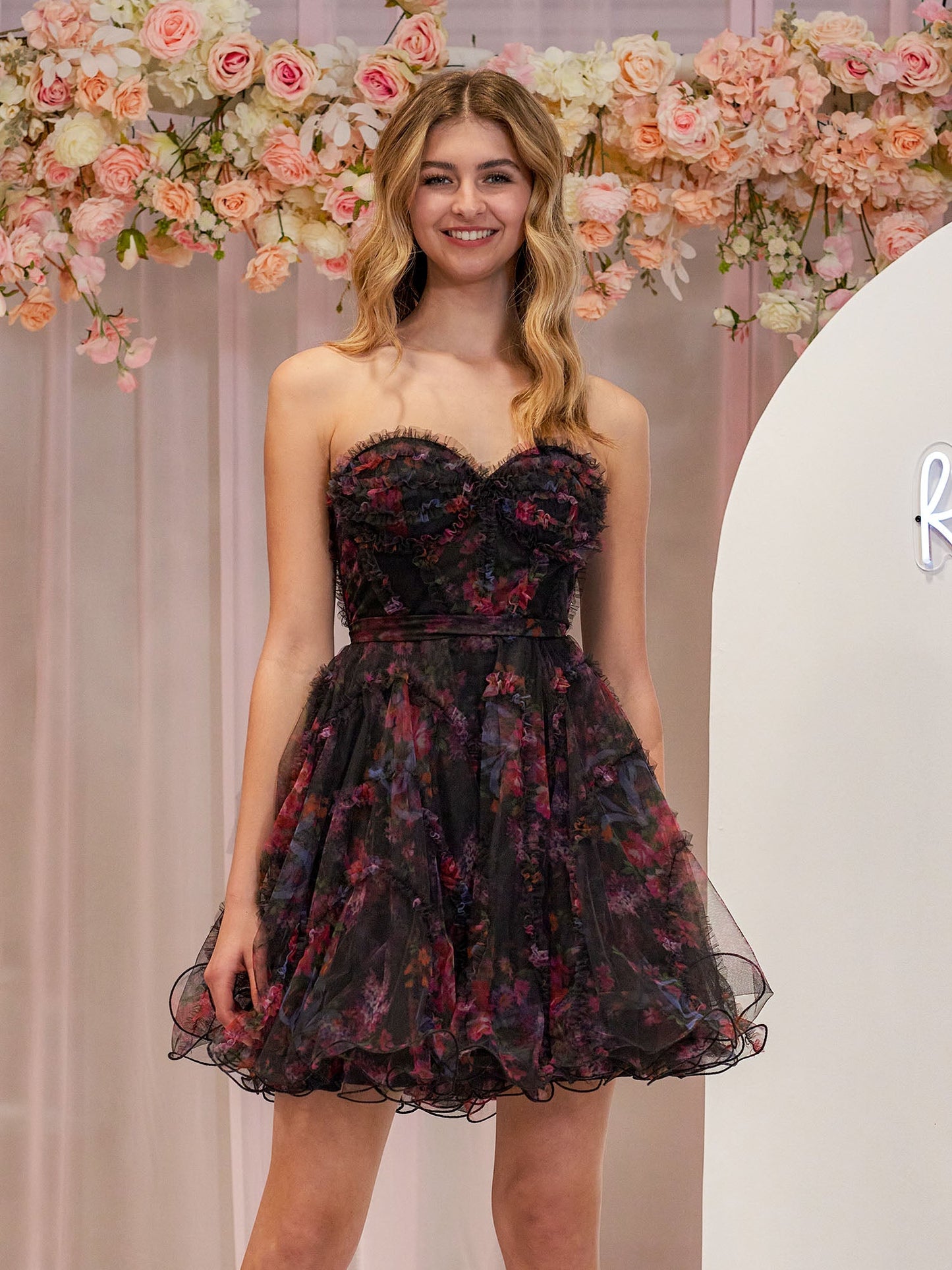 Kayla | A Line Strapless Floral Homecoming Dress