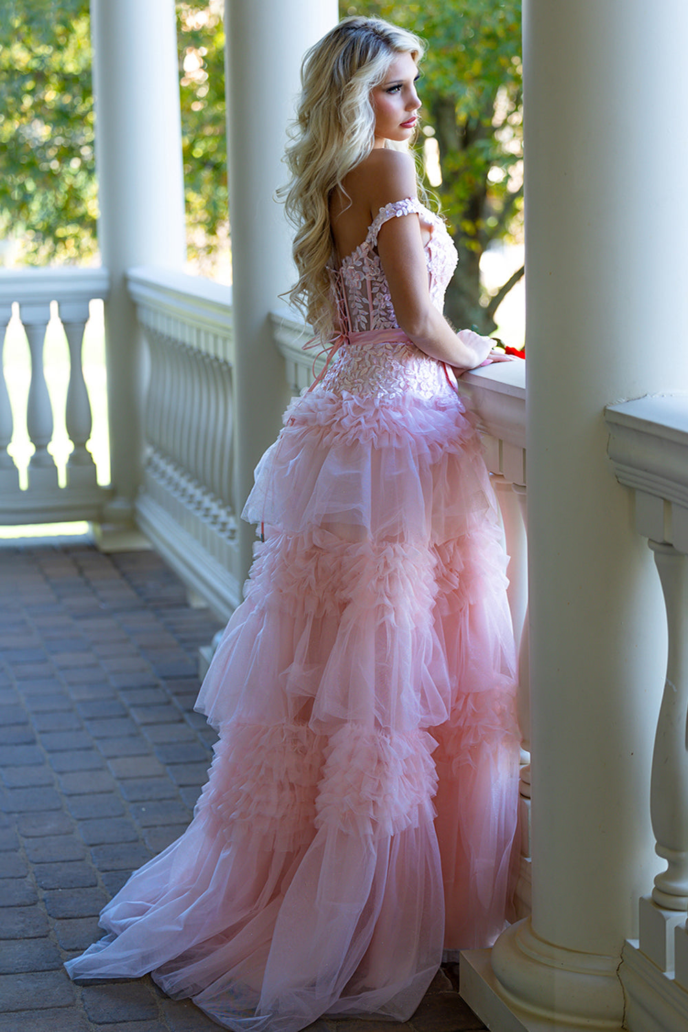 Pink A Line Tulle Ruffles Off the Shoulder Long Prom Dresses with Bow