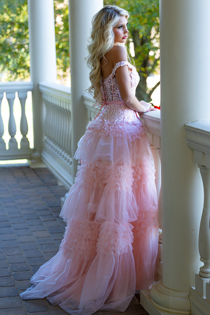 Pink A Line Tulle Ruffles Off the Shoulder Long Prom Dresses with Bow