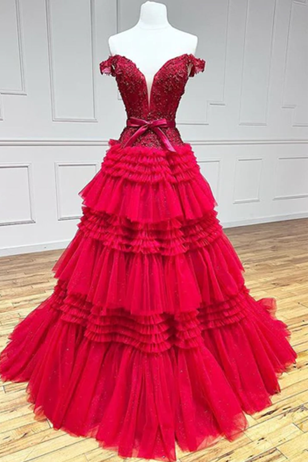 Pink A Line Tulle Ruffles Off the Shoulder Long Prom Dresses with Bow