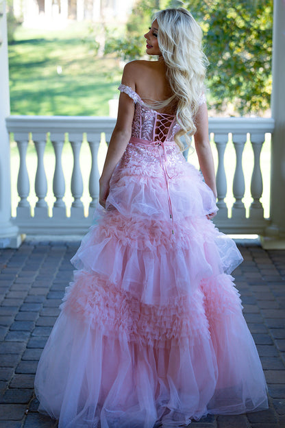 Pink A Line Tulle Ruffles Off the Shoulder Long Prom Dresses with Bow