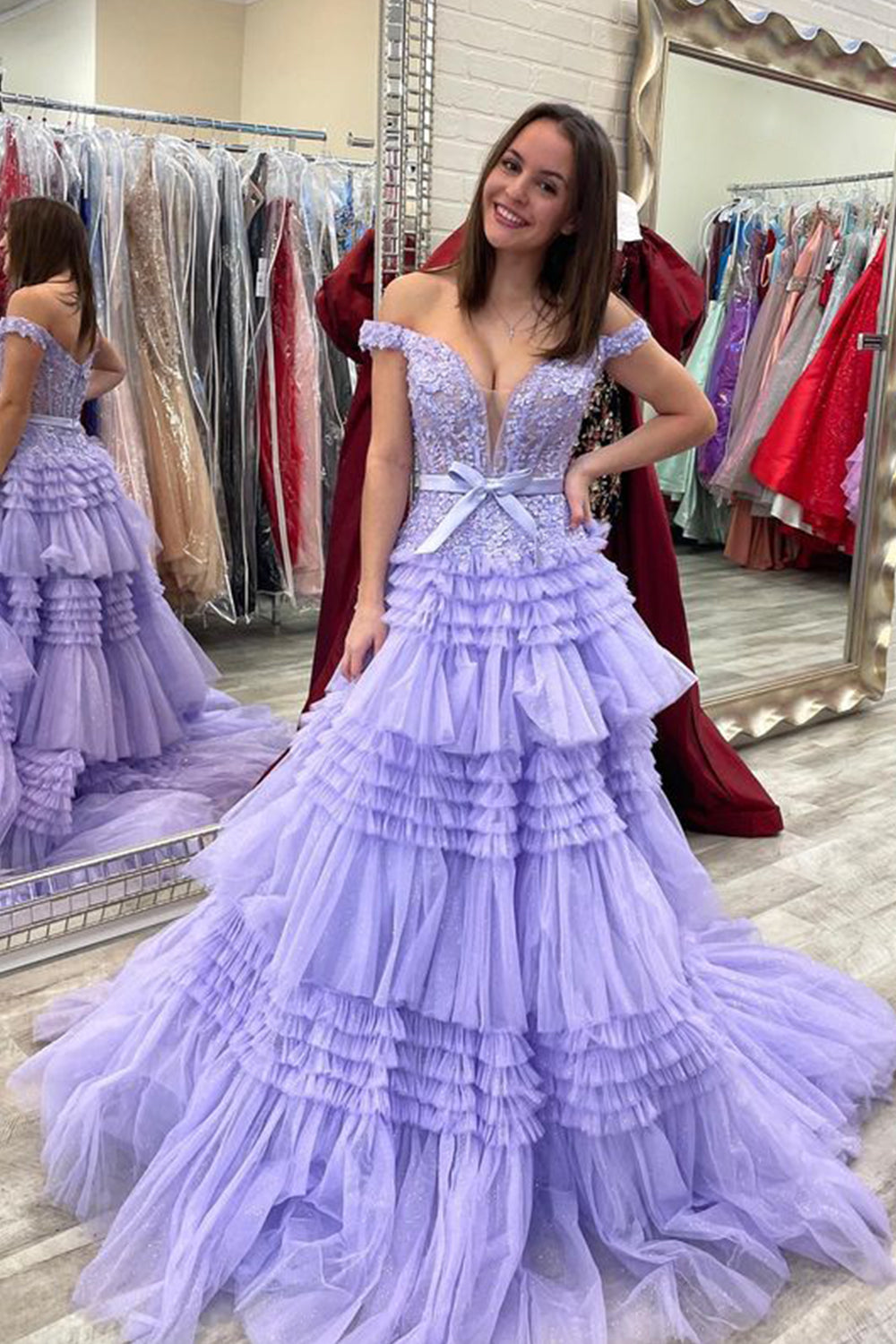 Pink A Line Tulle Ruffles Off the Shoulder Long Prom Dresses with Bow