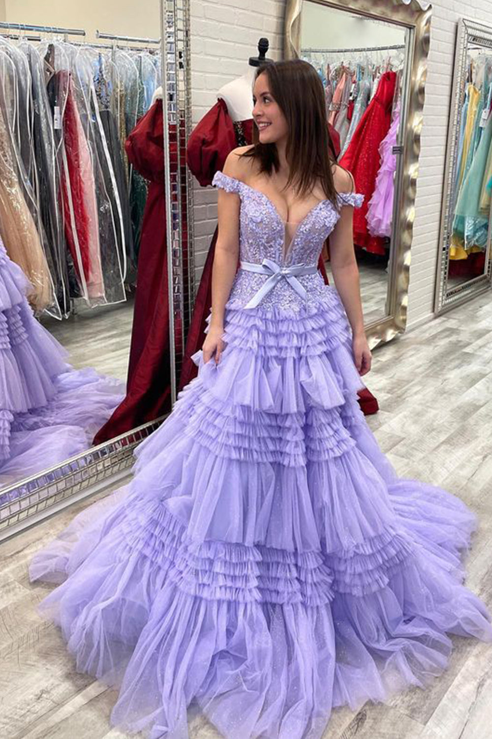 Pink A Line Tulle Ruffles Off the Shoulder Long Prom Dresses with Bow