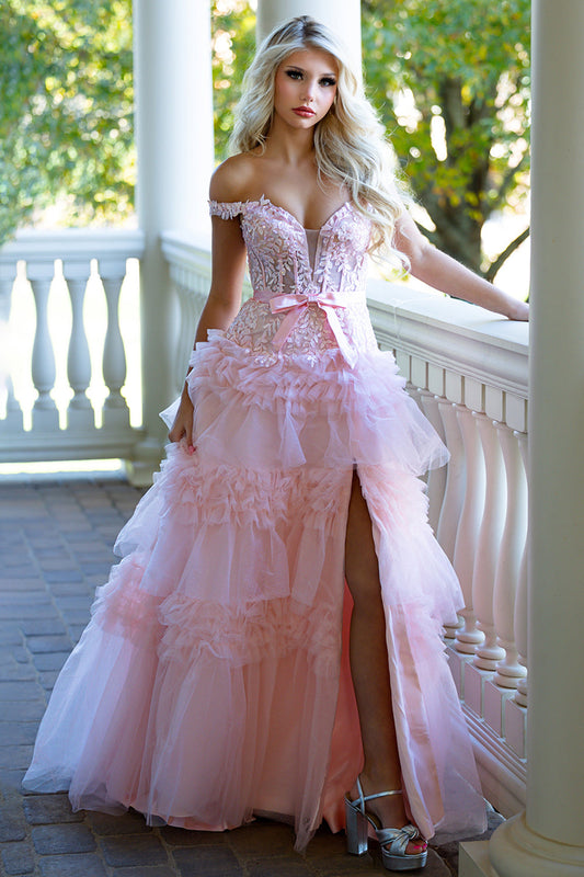 Pink A Line Tulle Ruffles Off the Shoulder Long Prom Dresses with Bow