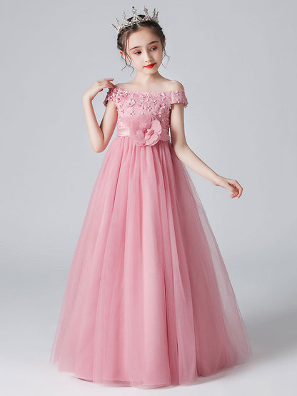 Pink Bateau Neck Sleeveless Bows Formal Kids Pageant flower girl dresses