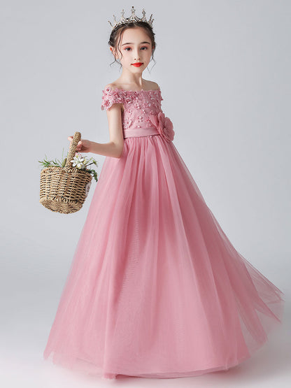 Pink Bateau Neck Sleeveless Bows Formal Kids Pageant flower girl dresses