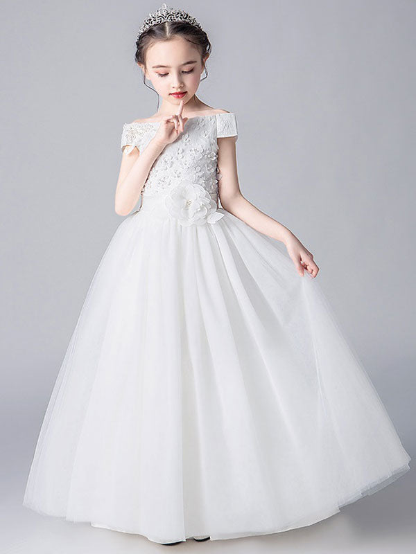 Pink Bateau Neck Sleeveless Bows Formal Kids Pageant flower girl dresses