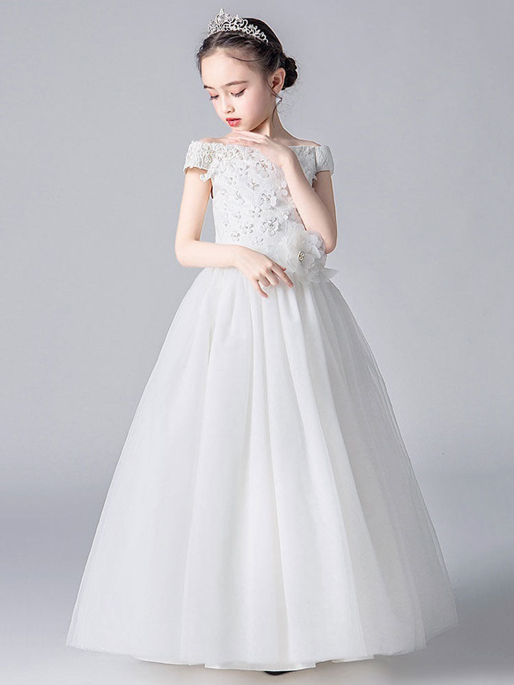 Pink Bateau Neck Sleeveless Bows Formal Kids Pageant flower girl dresses