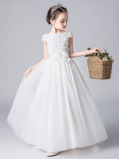 Pink Bateau Neck Sleeveless Bows Formal Kids Pageant flower girl dresses