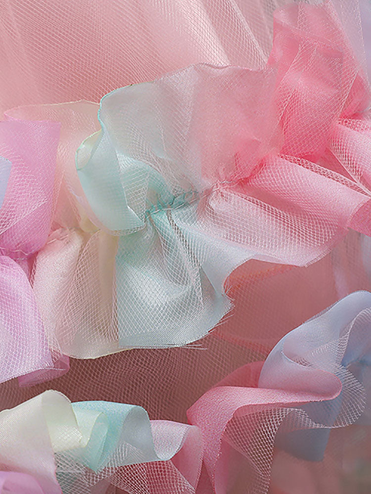 Pink Jewel Neck Sleeveless Bows Flowers Tulle Polyester Cotton Formal Kids Pageant flower girl dresses