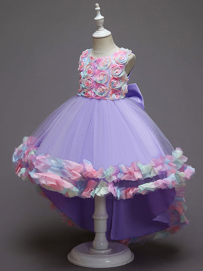 Pink Jewel Neck Sleeveless Bows Flowers Tulle Polyester Cotton Formal Kids Pageant flower girl dresses