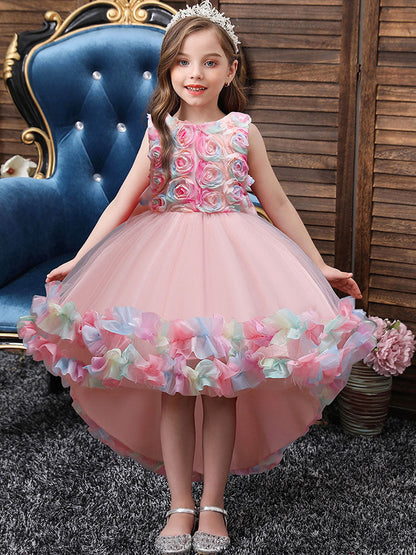 Pink Jewel Neck Sleeveless Bows Flowers Tulle Polyester Cotton Formal Kids Pageant flower girl dresses