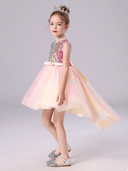 Pink Jewel Neck Tulle Sleeveless Short Princess Dress Bows Formal Kids Pageant flower girl dresses