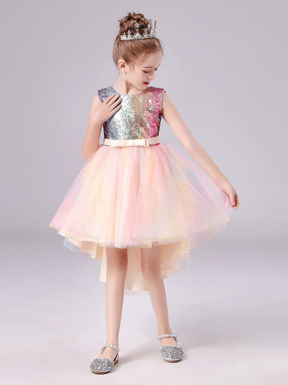 Pink Jewel Neck Tulle Sleeveless Short Princess Dress Bows Formal Kids Pageant flower girl dresses