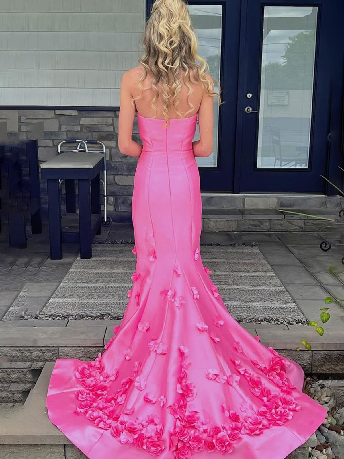 Skyden | Pink Strapless Mermaid Sleeveless Appliques Long Prom Dress