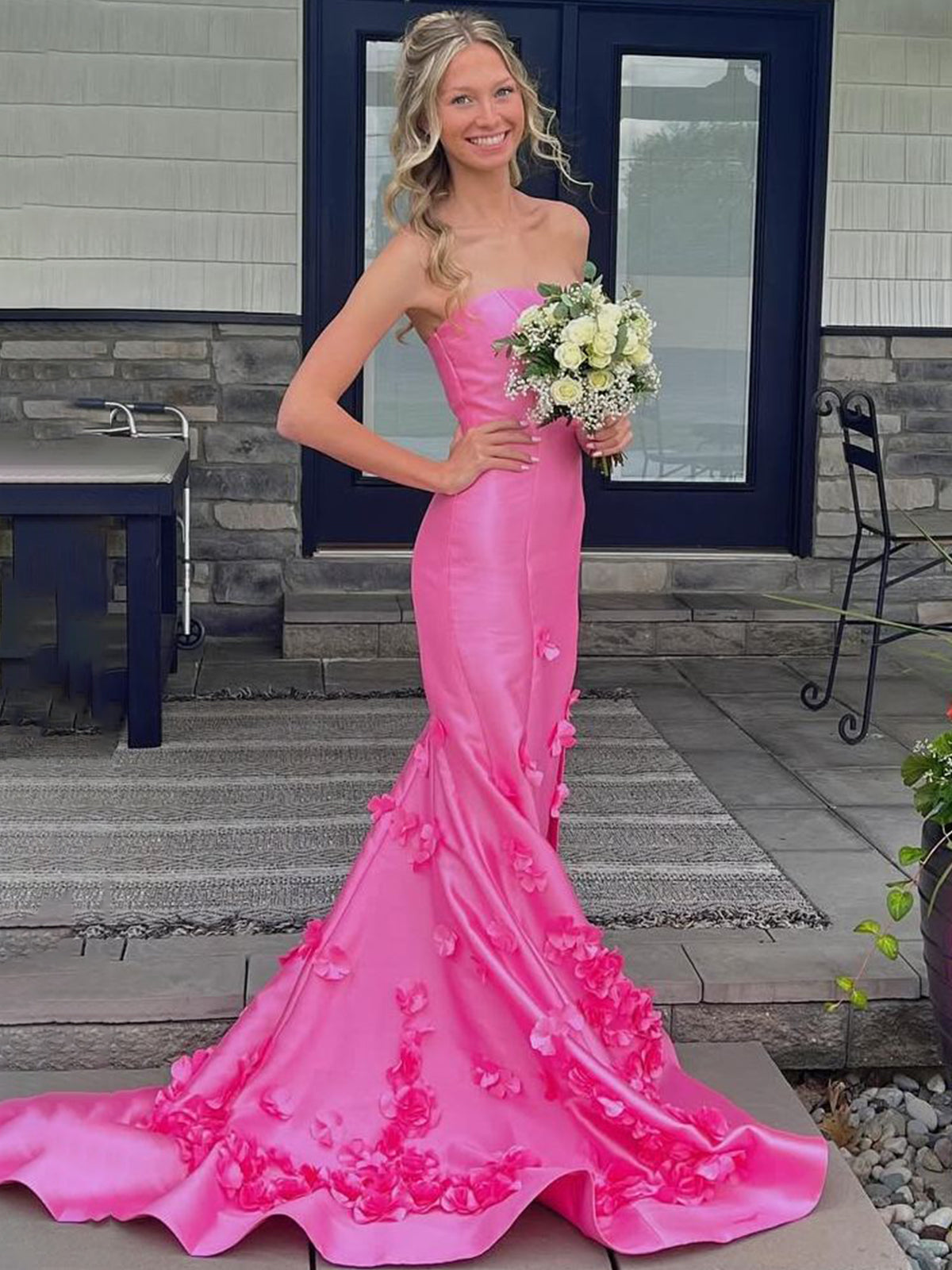 Skyden | Pink Strapless Mermaid Sleeveless Appliques Long Prom Dress