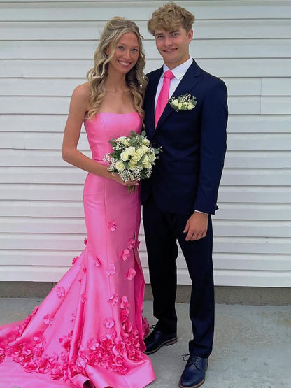 Skyden | Pink Strapless Mermaid Sleeveless Appliques Long Prom Dress