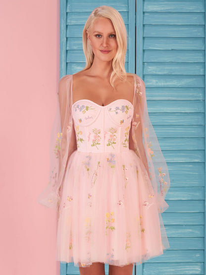 Sweetheart Embroidery Short-Length Tulle Puff Sleeves Cocktail Dress