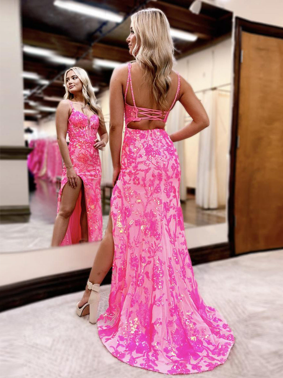 Pink Sweetheart Sequins Lace Mermaid Prom Dresses with Slit