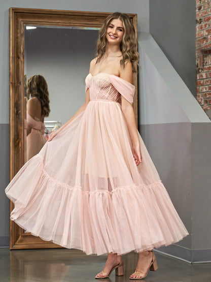 Nova | A-Line Rose Pink Tulle Sweetheart Tea-Length Prom Dress