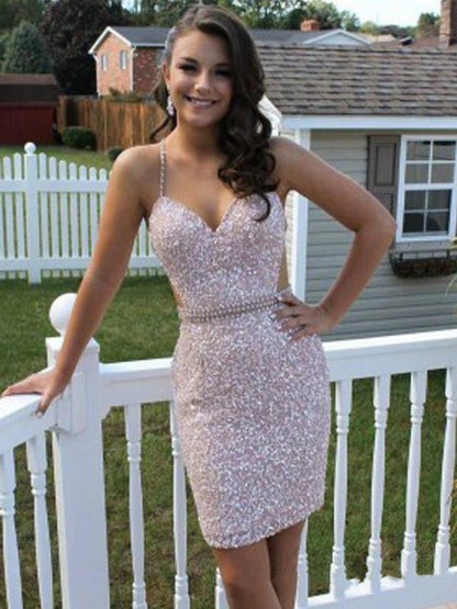 LTP0509,Sparkle Beaded Homecoming Dresses Spaghetti Straps Mini Prom Dresses