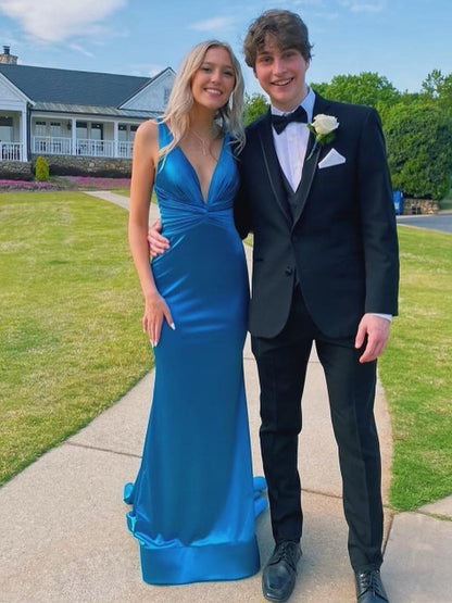 Anwea | Plunge Blue Satin Ruched Mermaid Prom Dress