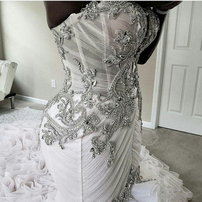 Plus Size Mermaid Crystal Lace Beads Sweetheart Long Train African Custom Made Ruffless Wedding Dresses