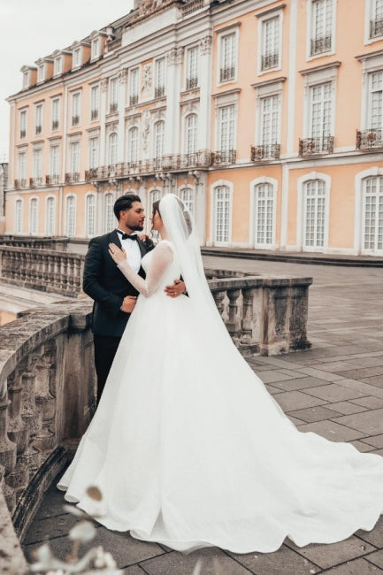 Pretty Long White A-line Wedding Dresses With Long Sleeves