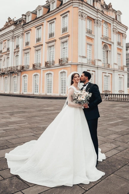 Pretty Long White A-line Wedding Dresses With Long Sleeves