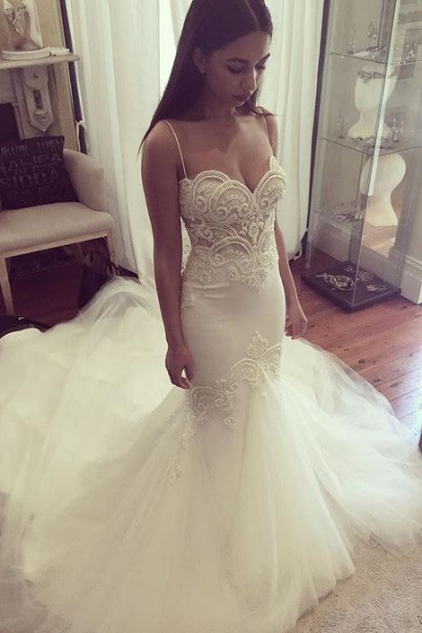 Pretty Spaghetti Straps Sweetheart Wedding Dress Summer Sheath Tulle Bridal Gown