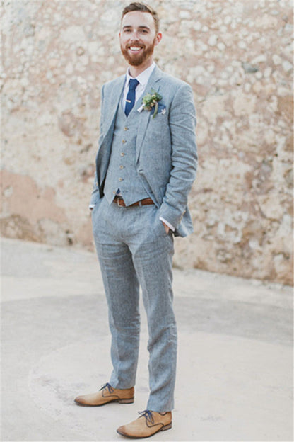 Pricey Summer Blue Linen Beach Wedding Suits Bespoke Men Casual Male Beach Groom Tuxedo