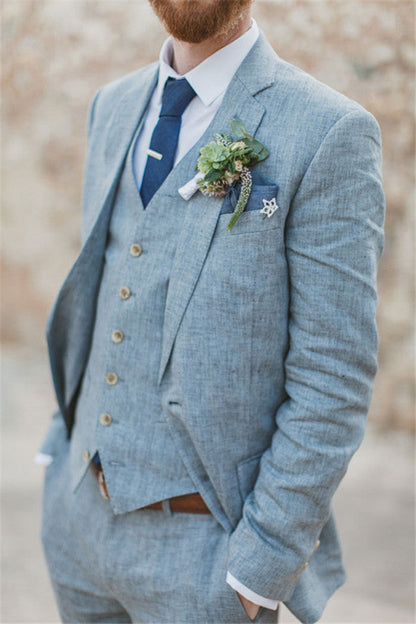 Pricey Summer Blue Linen Beach Wedding Suits Bespoke Men Casual Male Beach Groom Tuxedo