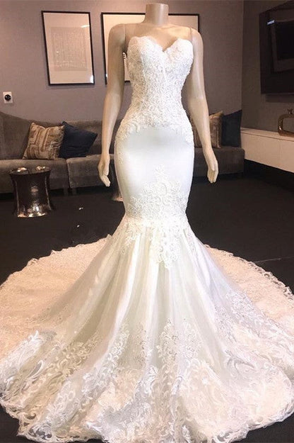 Princess White Sweetheart Mermaid Court Train Wedding Dresses