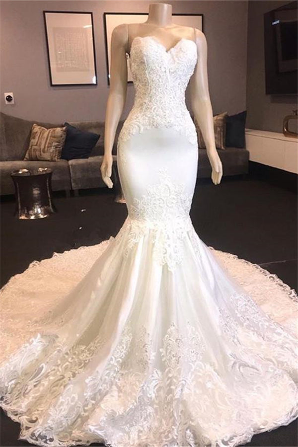 Princess White Sweetheart Mermaid Court Train Wedding Dresses