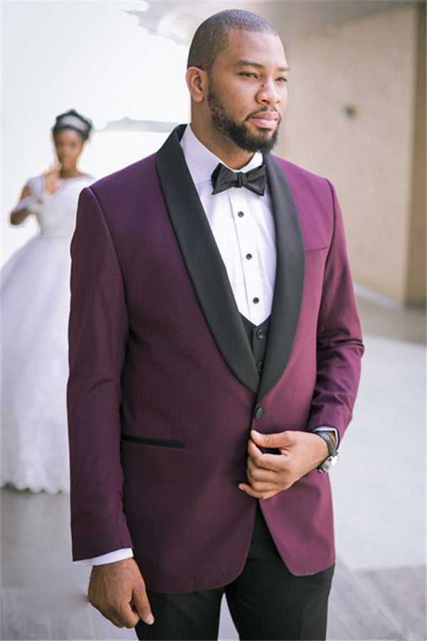 Purple Three-piece Slim Fit Wedding Suits with Black Lapel