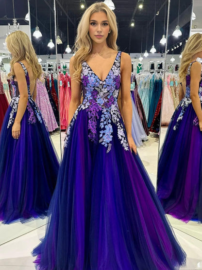 Purple Tulle Appliques V-Neck Open Back Long Prom Dress