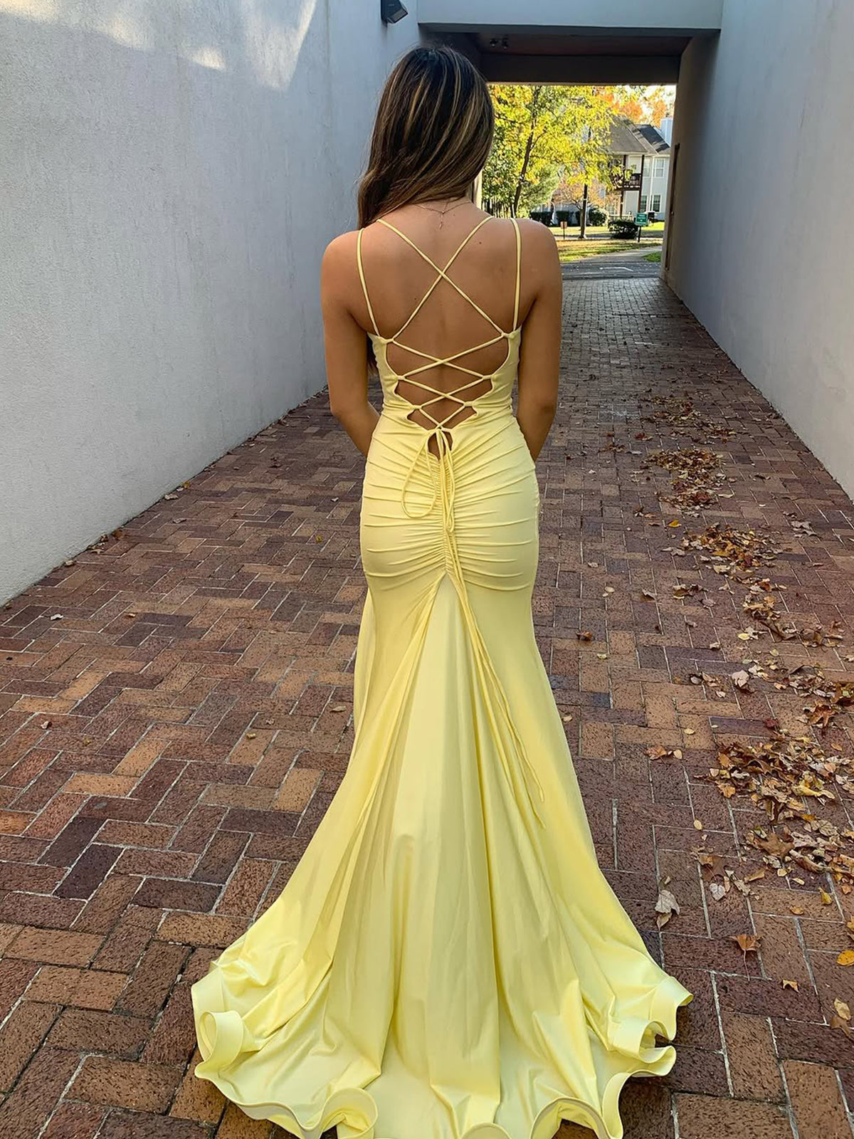 Quinlee | Yellow V Neck Satin Mermaid Long Prom Dress With Split