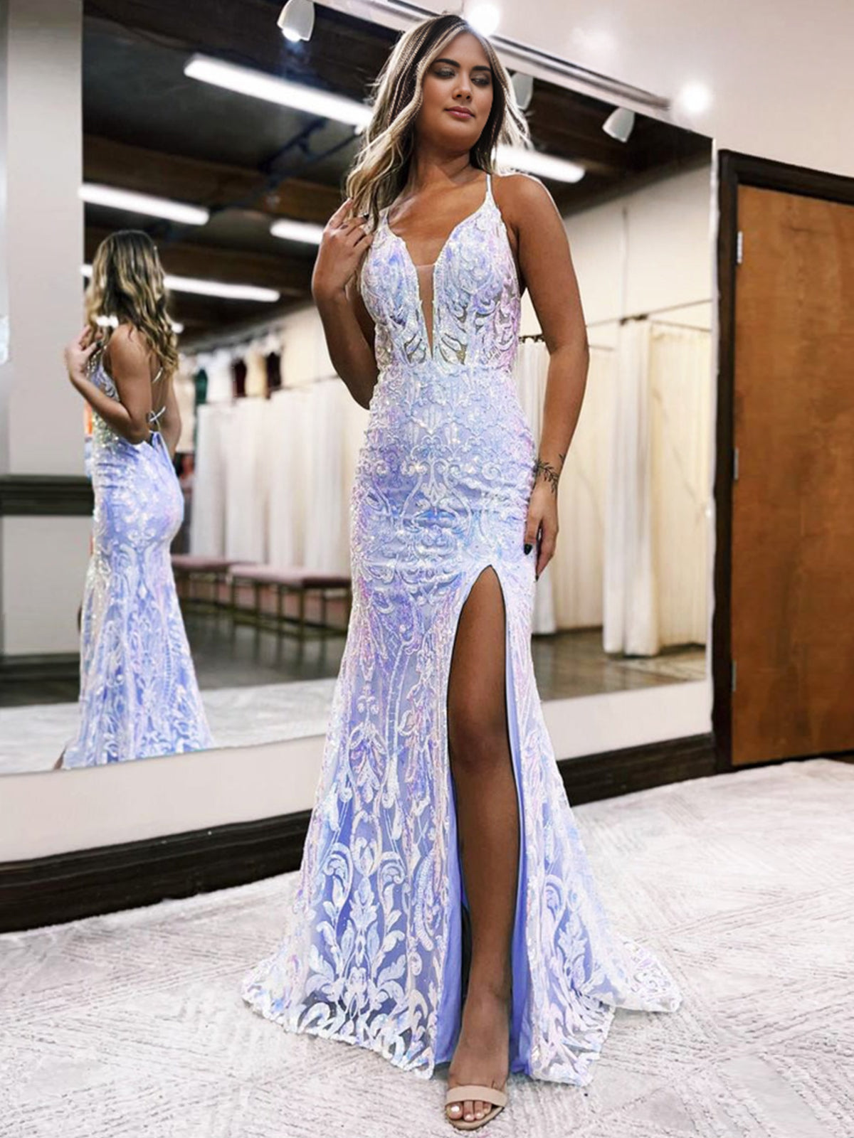 Raddix | Mermaid Deep V Neck Blue Sequins Lace Long Prom Dresses with Slit